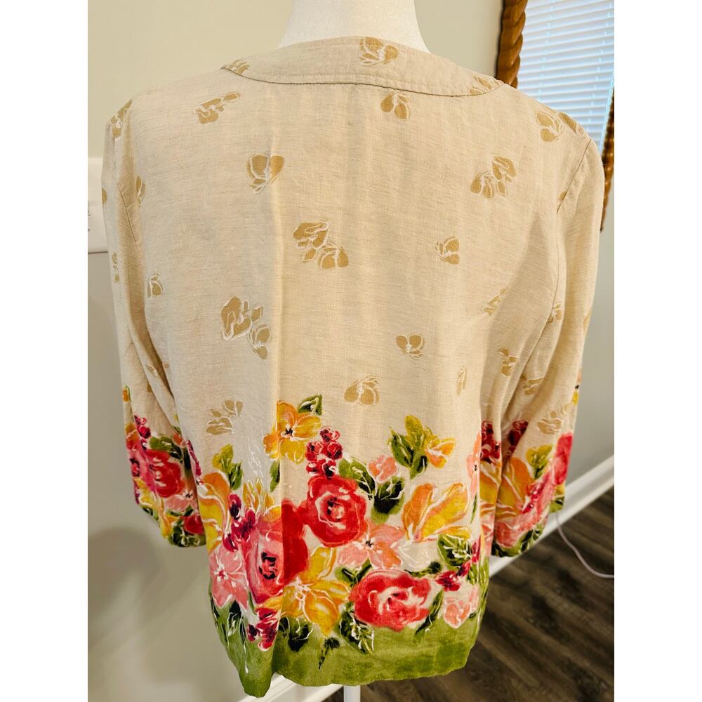 Linen Floral Button Up Jacket Top Women’s 12 Tan Pink Lagenlook Lightweight - Picture 4 of 10